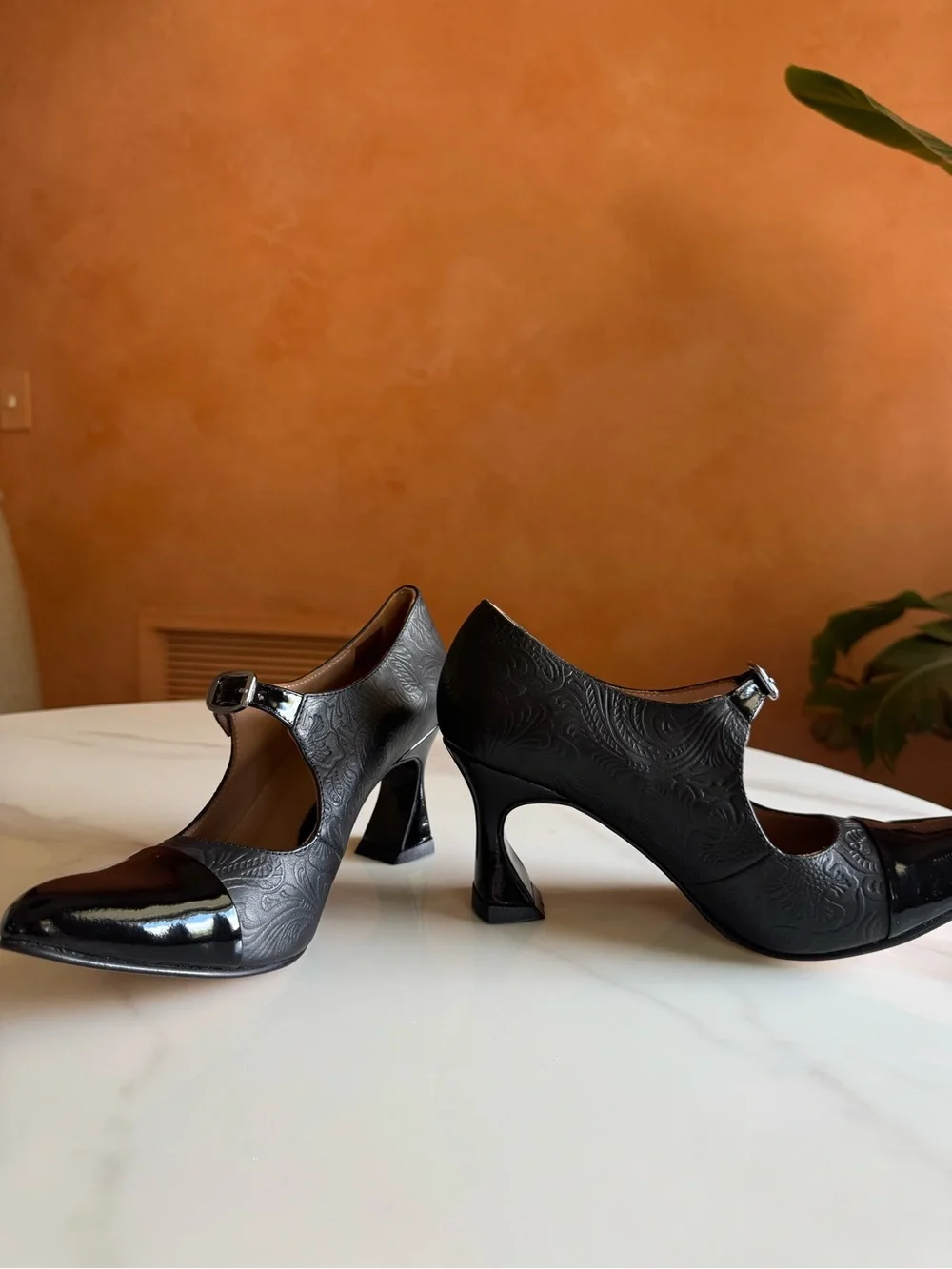 John Fluevog Malala Big Presence Black Embossed Leather Mary Jane Heels 7